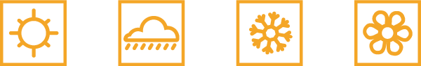 Orange and white logos depicting sun, rain, snow, and a flower